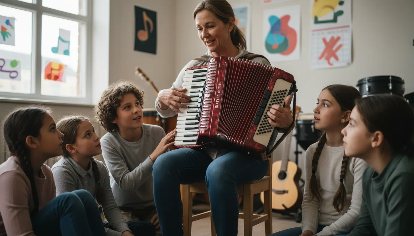 Music teacher demonstrating accordion to students during awareness month