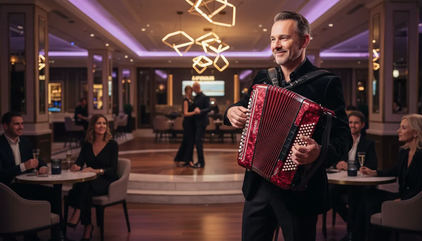 Professional accordion player performing in elegant casino lounge with ambient lighting
