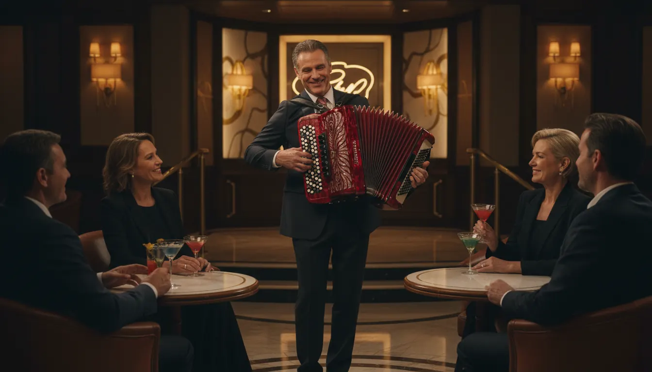 Professional accordionist entertaining guests in upscale casino lounge setting