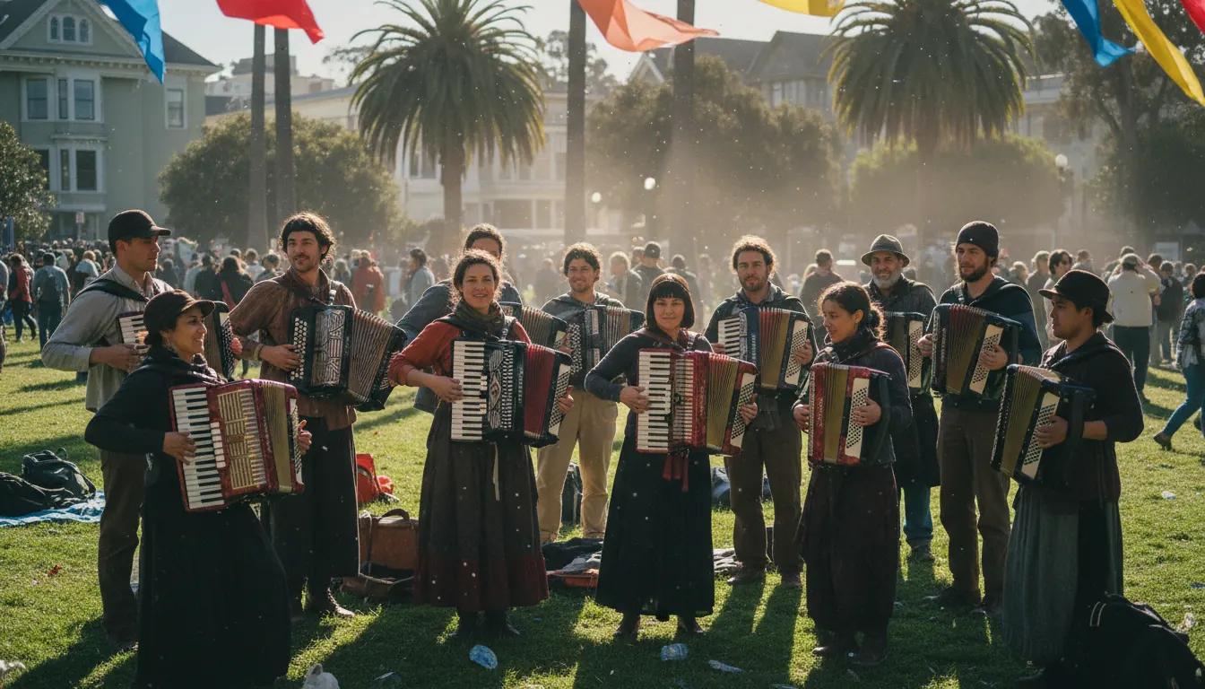 Diverse group of accordion musicians at San Francisco community event