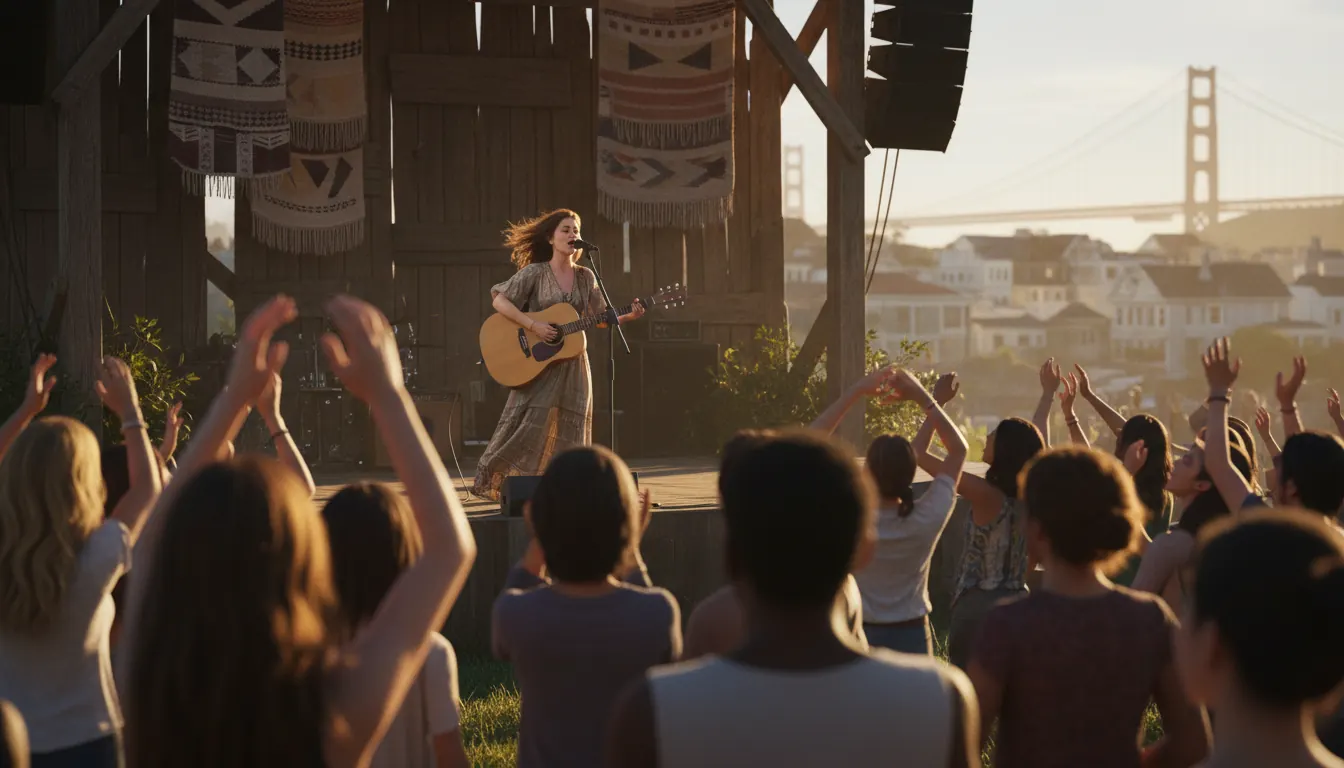 Outdoor stage at San Francisco Accordion Festival with performer and audience