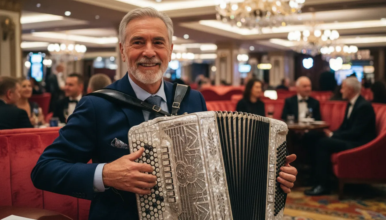 Tom Torriglia performing accordion in elegant casino lounge setting
